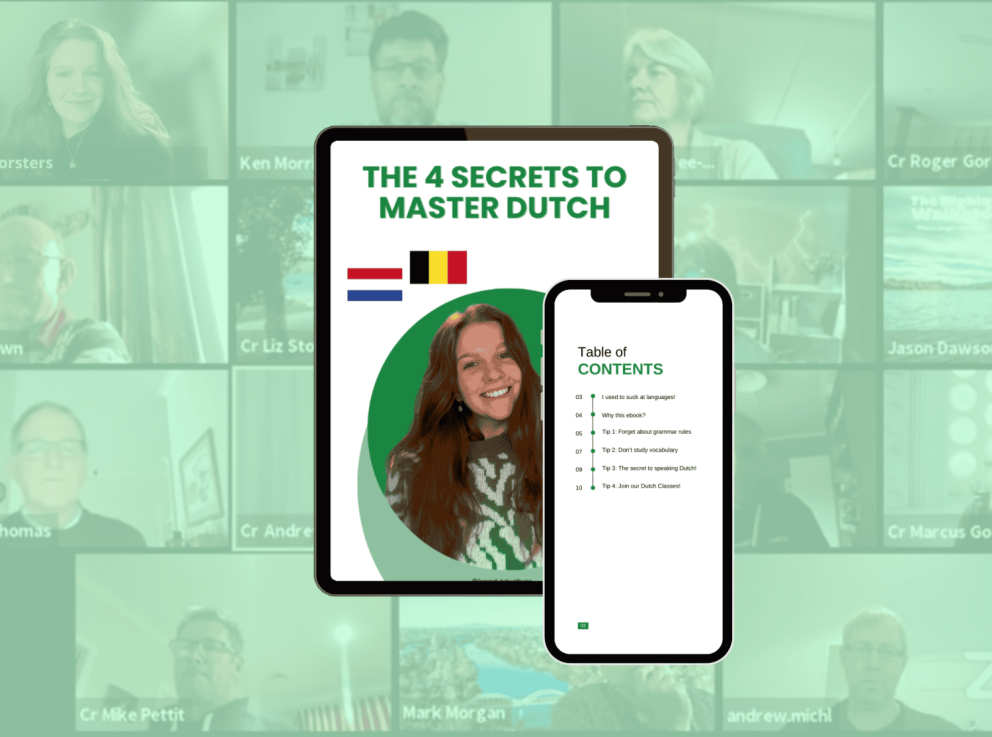 A mockup of our free e-book: the 4 secrets to master Dutch